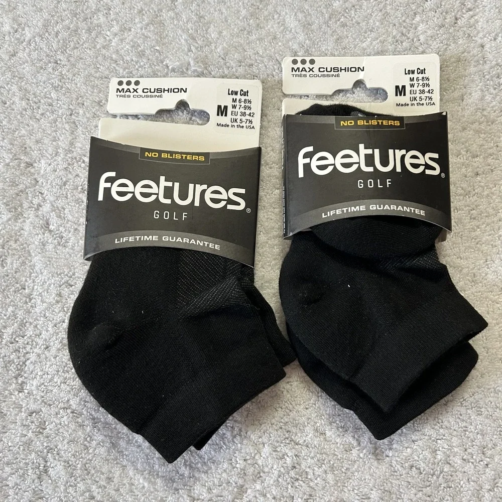 Feetures Mens Size M Black Max Cushion Low Cut Golf Socks 2 Pack